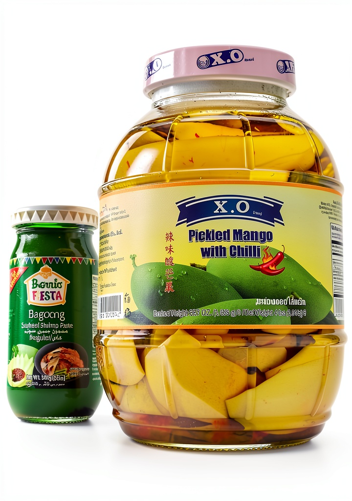 XO Picked Mango jar with Barrio Fiesta shrimp and OSK tea displayed on a kitchen counter