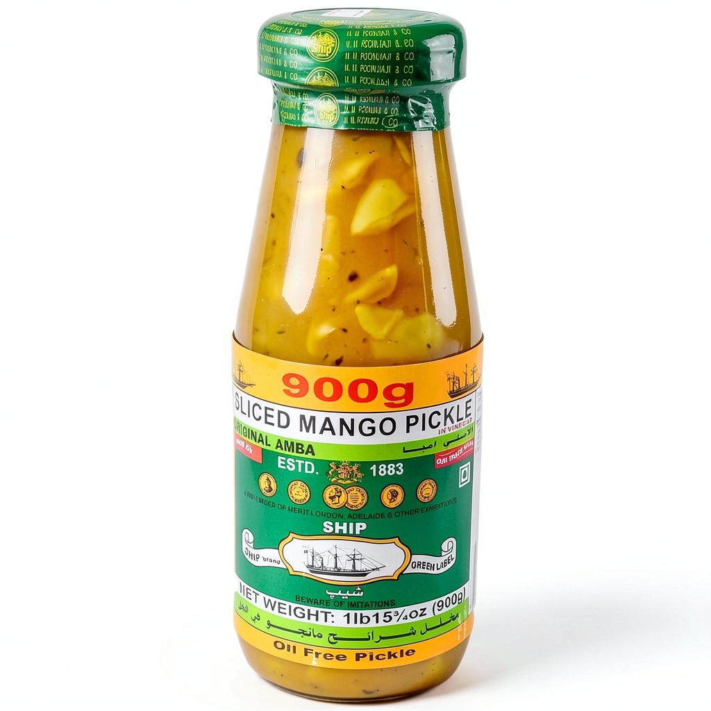 Poonjiaji Spices Sliced Mango Pickle jar with mango slices visible