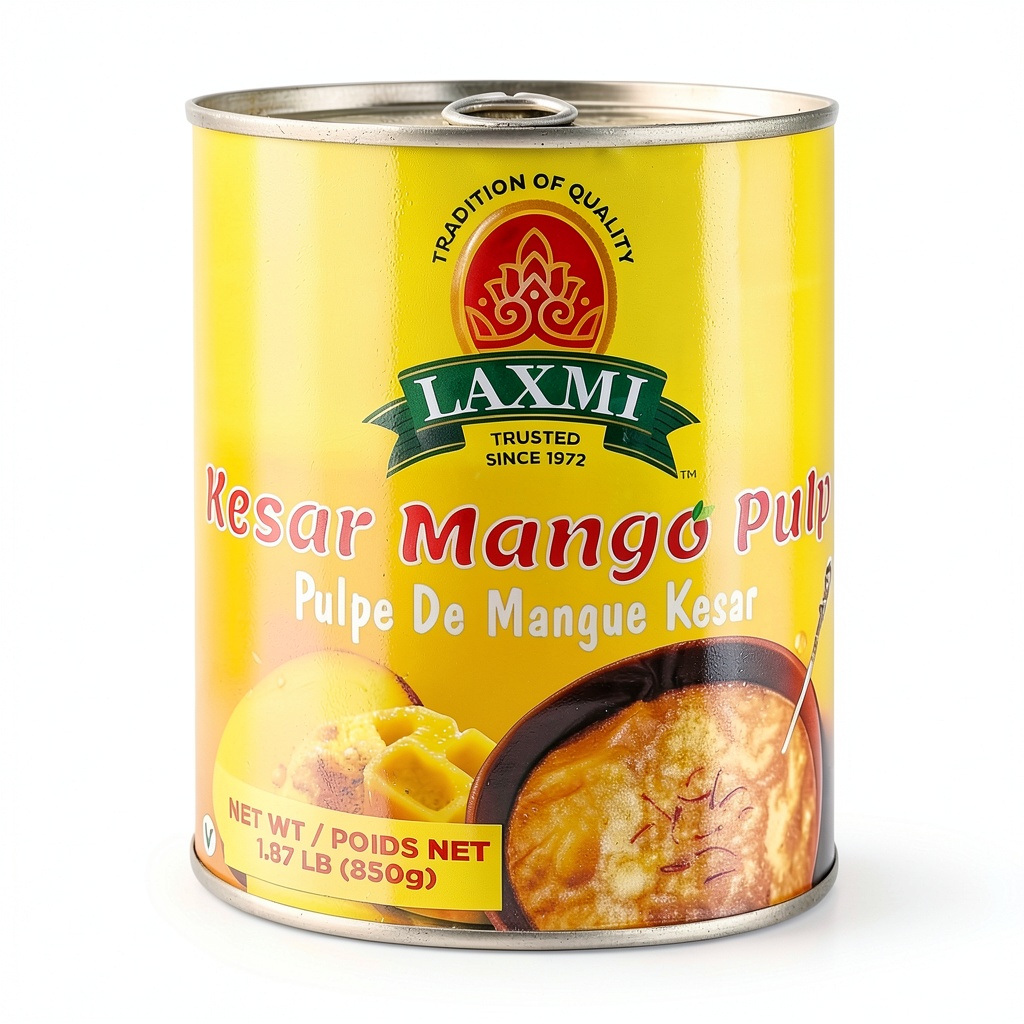 Laxmi Kesar Mango Pulp can displayed on a kitchen counter