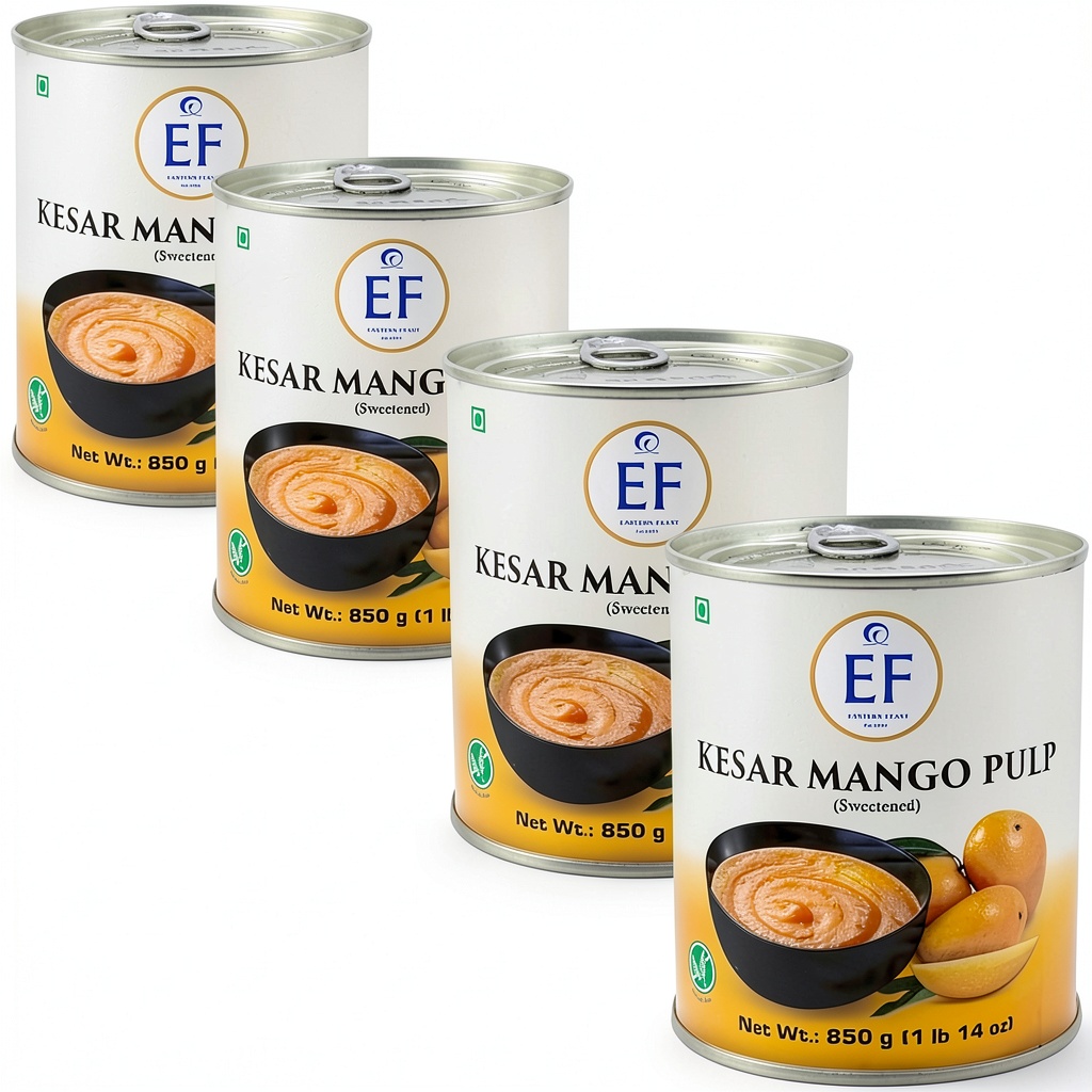 'Eastern Feast Kesar Mango Pulp cans displayed on a kitchen counter'