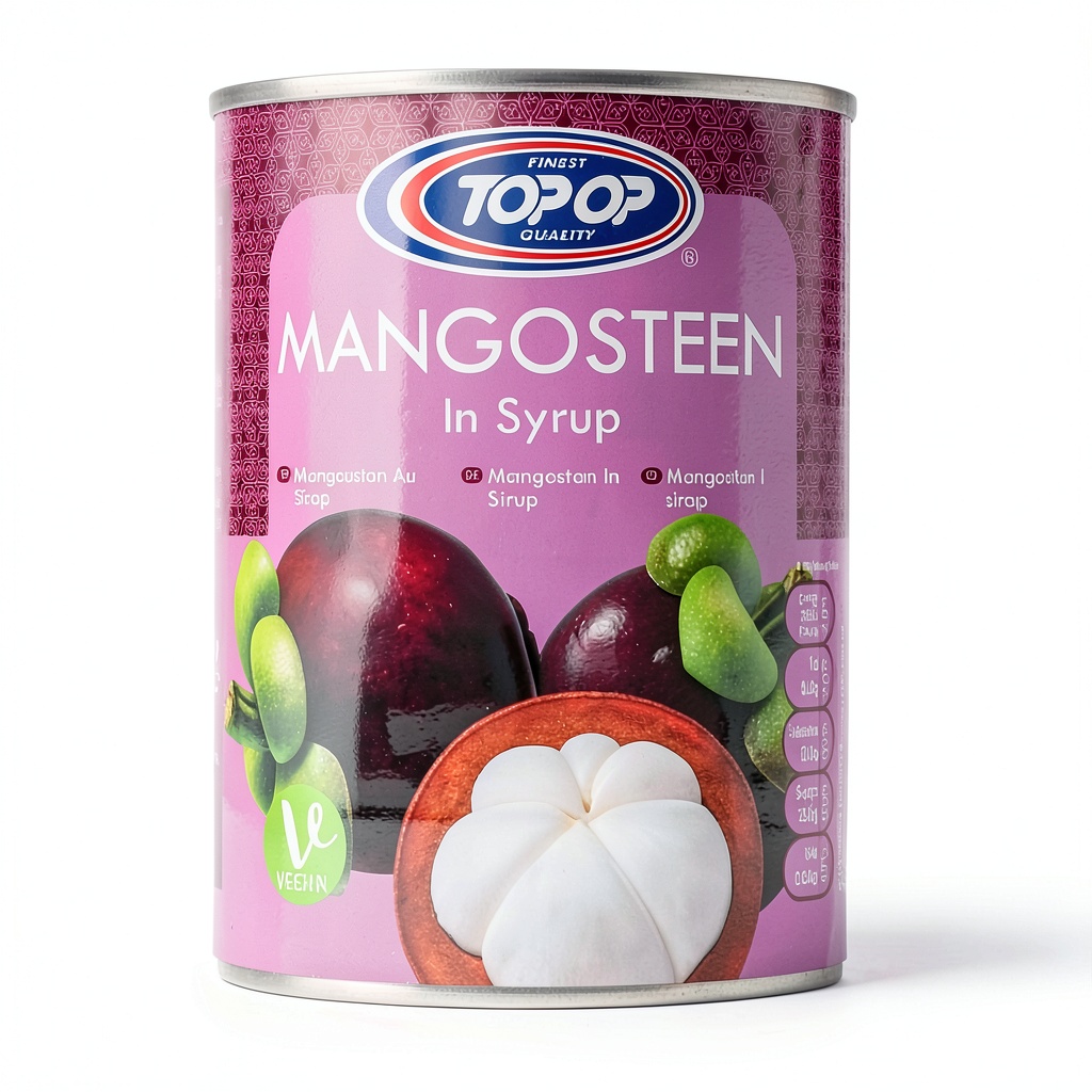 Top Op vegan canned mango jar opened on a kitchen countertop, showing fresh mango pieces ready for use