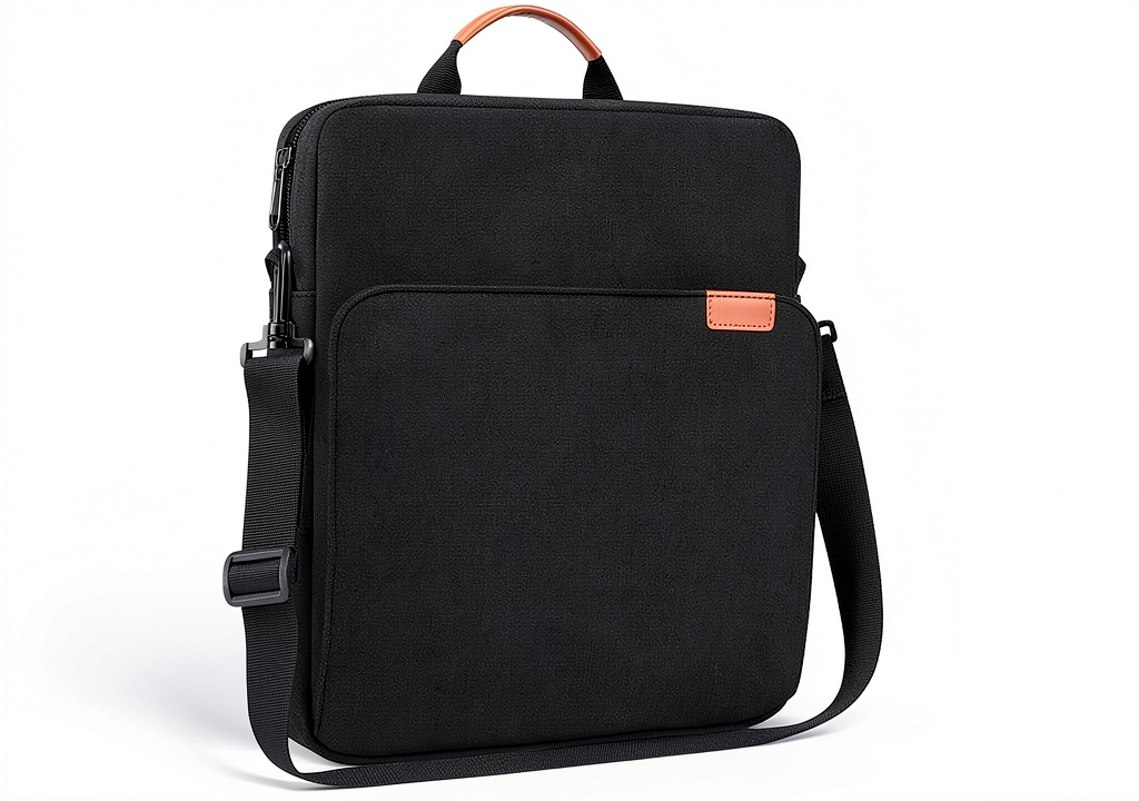 iKammo Tablet Sleeve being used on a coffee shop table, showing shoulder strap and interior pockets